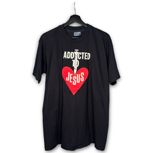 Vintage 90s Addicted To Jesus T-Shirt L Hanes 50/50 Puff Print Syringe Heart Graphic Single Stitch