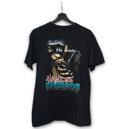 Vintage 90s He Won Hands Down Jesus T-Shirt M Kerusso Colossians 2:13