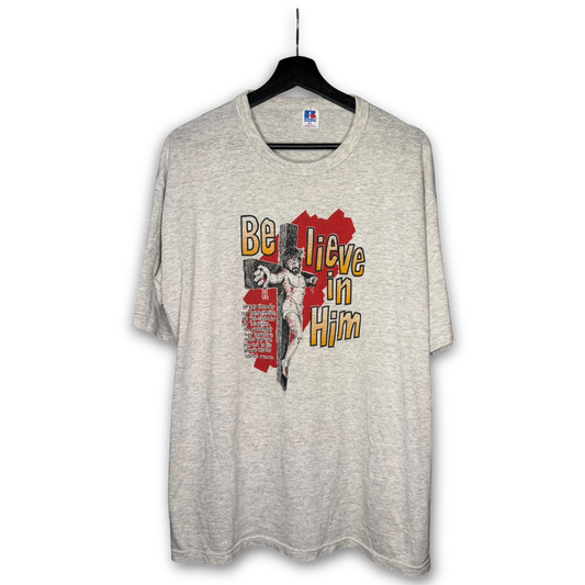 Vintage 90s Believe In Him Jesus T-Shirt XL Isaiah 53 Crucifixion Art