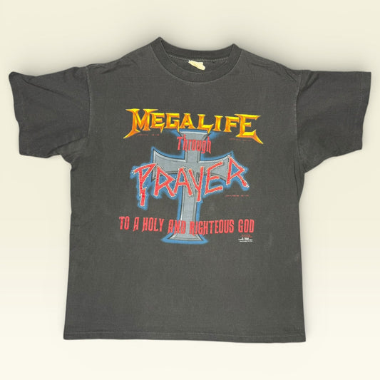 Vintage 1993 Megalife Living Epistles T-Shirt L Megadeth Parody Metal Logo